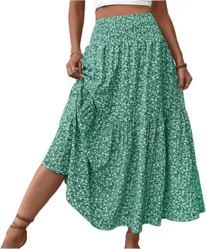 Floral Skirts for Women Summer Flowy Tiered Elastic High Waisted Print Skirt Vacation A-Line Swing Long Midi Skirts