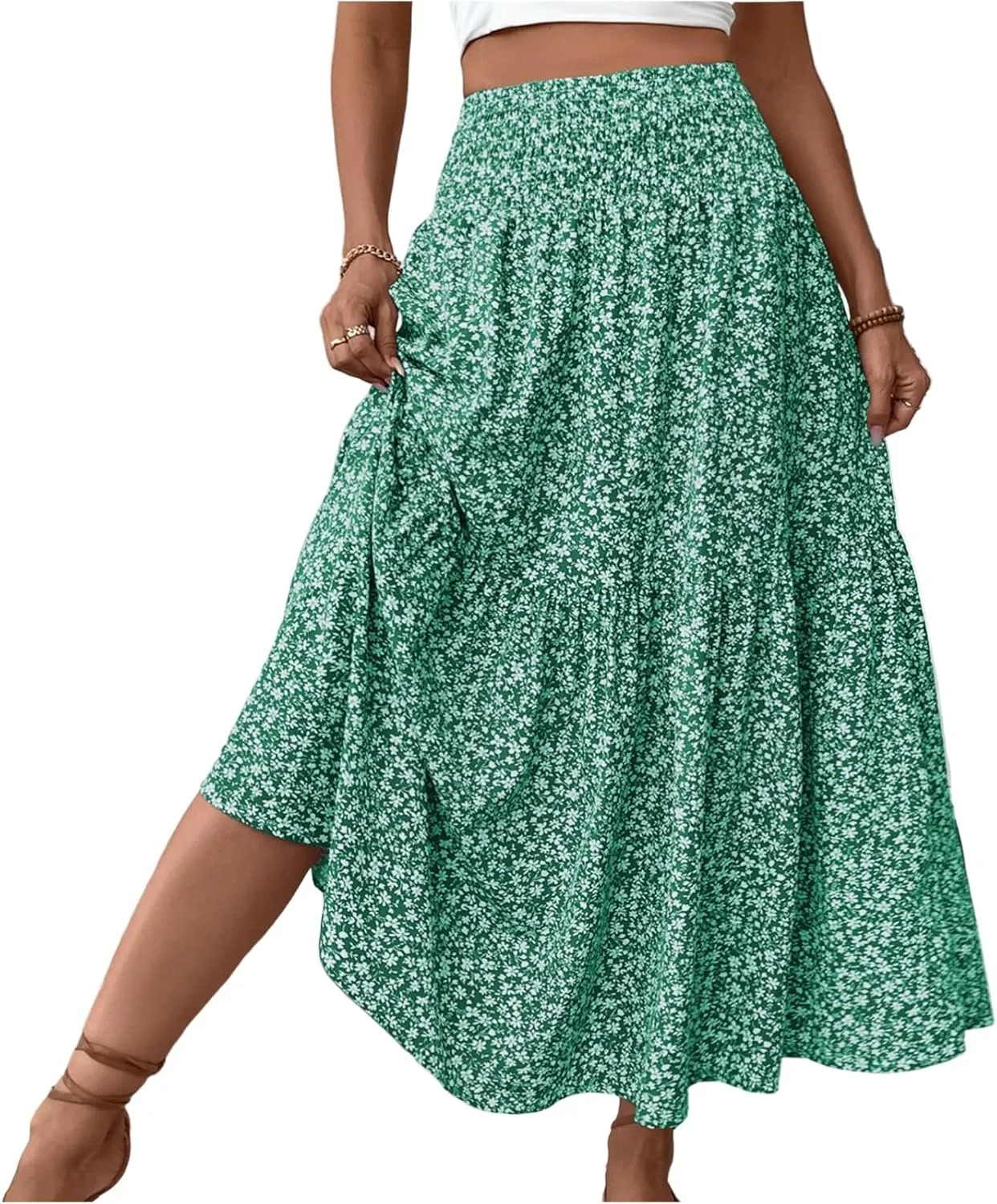 Floral Skirts for Women Summer Flowy Tiered Elastic High Waisted Print Skirt Vacation A-Line Swing Long Midi Skirts