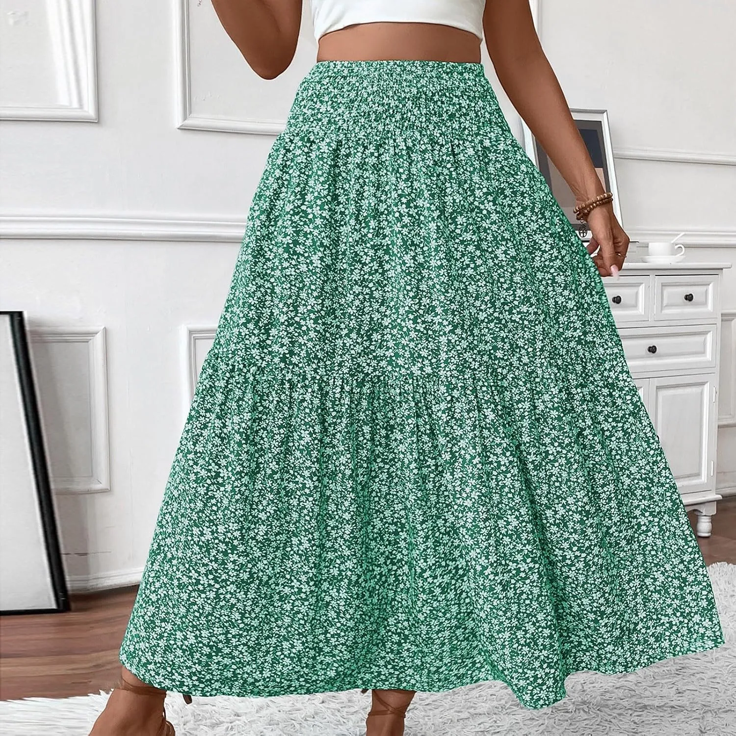 Floral Skirts for Women Summer Flowy Tiered Elastic High Waisted Print Skirt Vacation A-Line Swing Long Midi Skirts