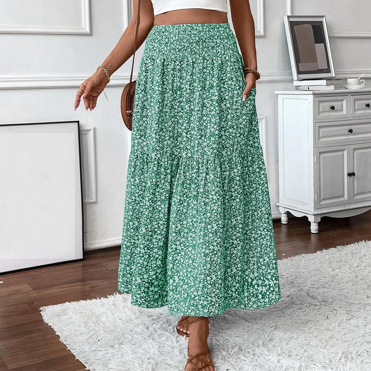 Floral Skirts for Women Summer Flowy Tiered Elastic High Waisted Print Skirt Vacation A-Line Swing Long Midi Skirts