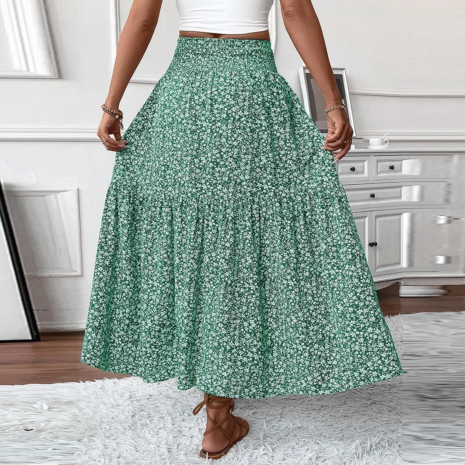 Floral Skirts for Women Summer Flowy Tiered Elastic High Waisted Print Skirt Vacation A-Line Swing Long Midi Skirts