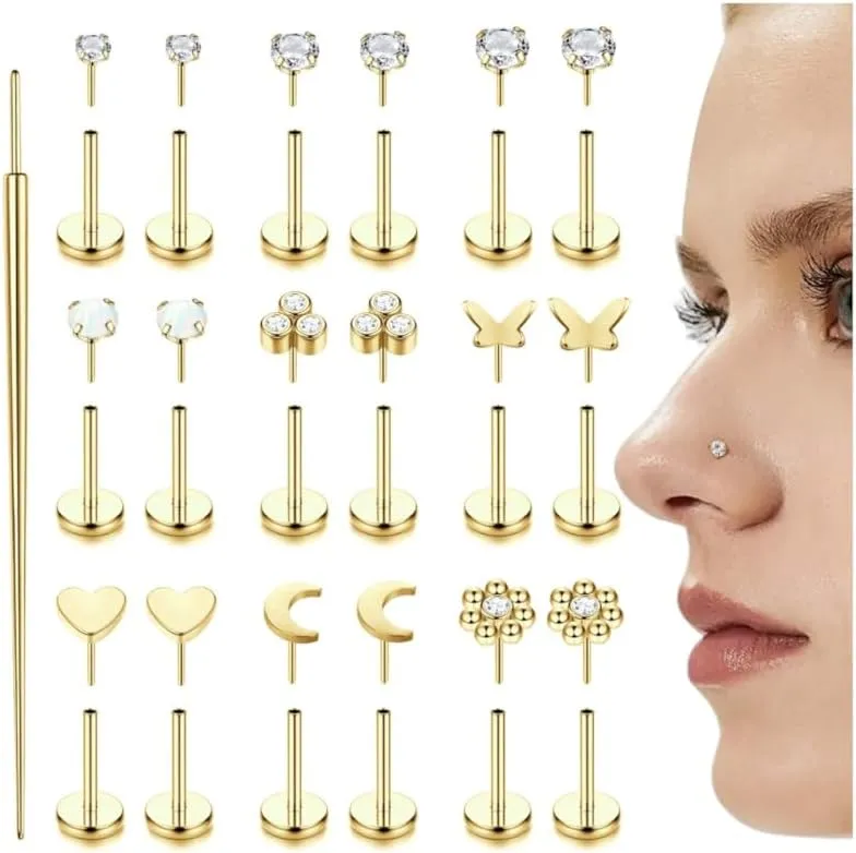 Florideco Threadless Nose Rings Studs for Women Men 316L Surgical Steel Push in Flat Back Stud Earrings CZ Lip Labret Cartilage Earring Medusa Nostril Helix Tragus Piercing Jewelry 20G 18G 16G