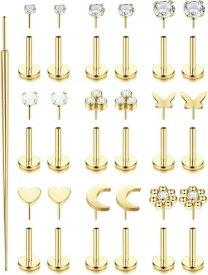 Florideco Threadless Nose Rings Studs for Women Men 316L Surgical Steel Push in Flat Back Stud Earrings CZ Lip Labret Cartilage Earring Medusa Nostril Helix Tragus Piercing Jewelry 20G 18G 16G