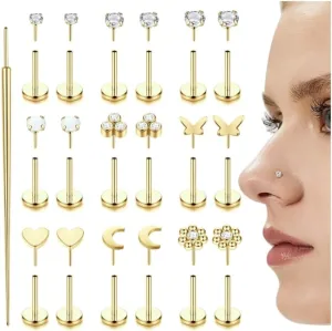 Florideco Threadless Nose Rings Studs for Women Men 316L Surgical Steel Push in Flat Back Stud Earrings CZ Lip Labret Cartilage Earring Medusa Nostril Helix Tragus Piercing Jewelry 20G 18G 16G