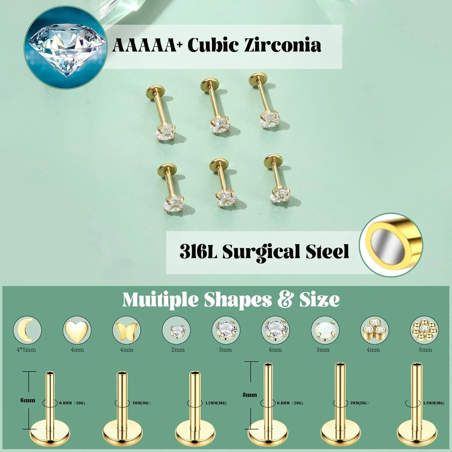 Florideco Threadless Nose Rings Studs for Women Men 316L Surgical Steel Push in Flat Back Stud Earrings CZ Lip Labret Cartilage Earring Medusa Nostril Helix Tragus Piercing Jewelry 20G 18G 16G