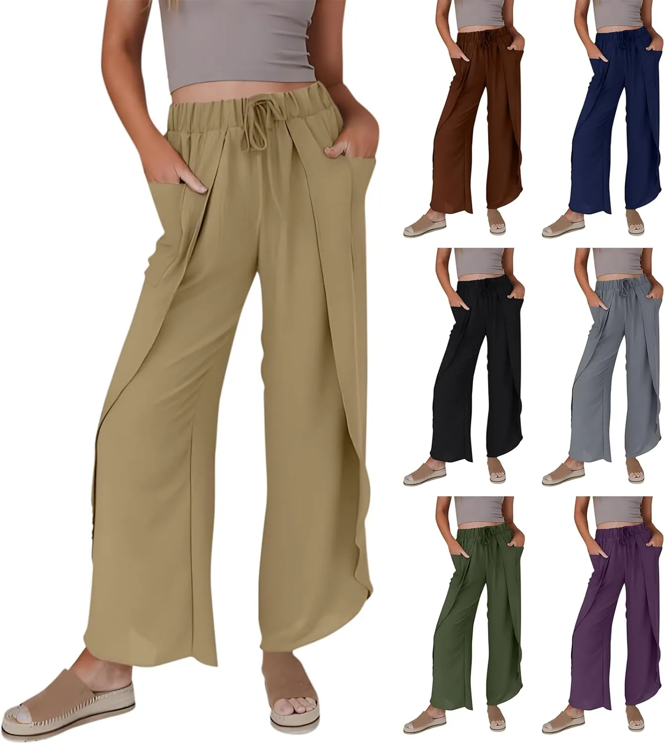 Flowy Linen Pants for Women Side Slit Wide Leg Yoga Pants with Pockets Drawstring High Waisted Pants Beach Pants 2024
