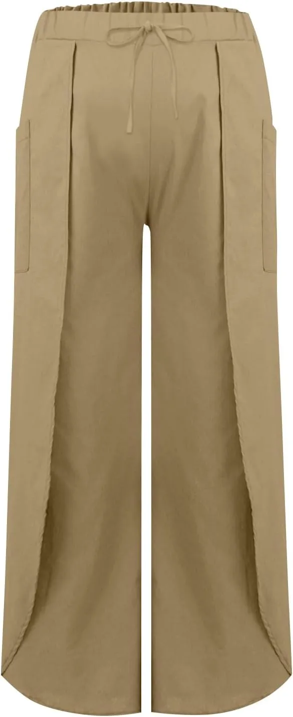 Flowy Linen Pants for Women Side Slit Wide Leg Yoga Pants with Pockets Drawstring High Waisted Pants Beach Pants 2024
