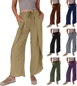 Flowy Linen Pants for Women Side Slit Wide Leg Yoga Pants with Pockets Drawstring High Waisted Pants Beach Pants 2024