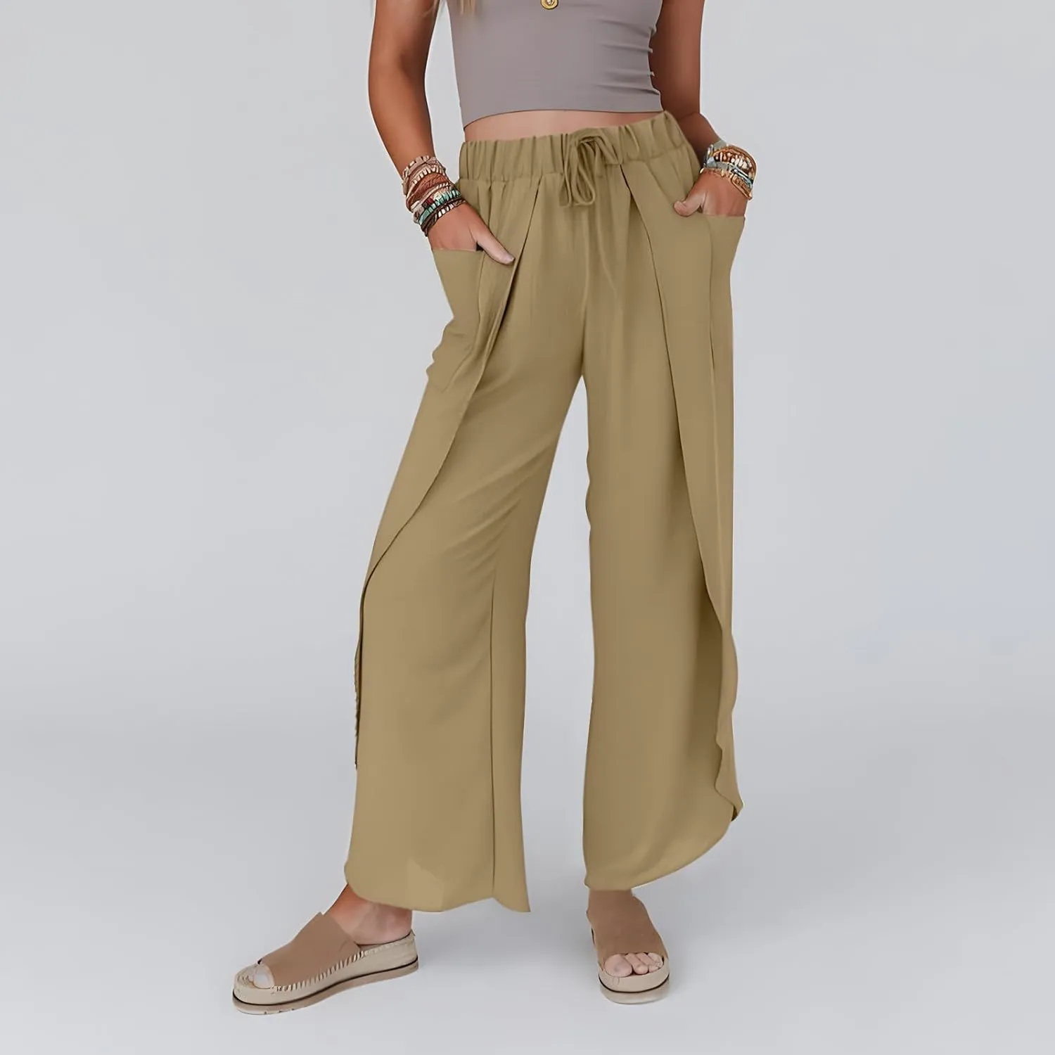 Flowy Linen Pants for Women Side Slit Wide Leg Yoga Pants with Pockets Drawstring High Waisted Pants Beach Pants 2024