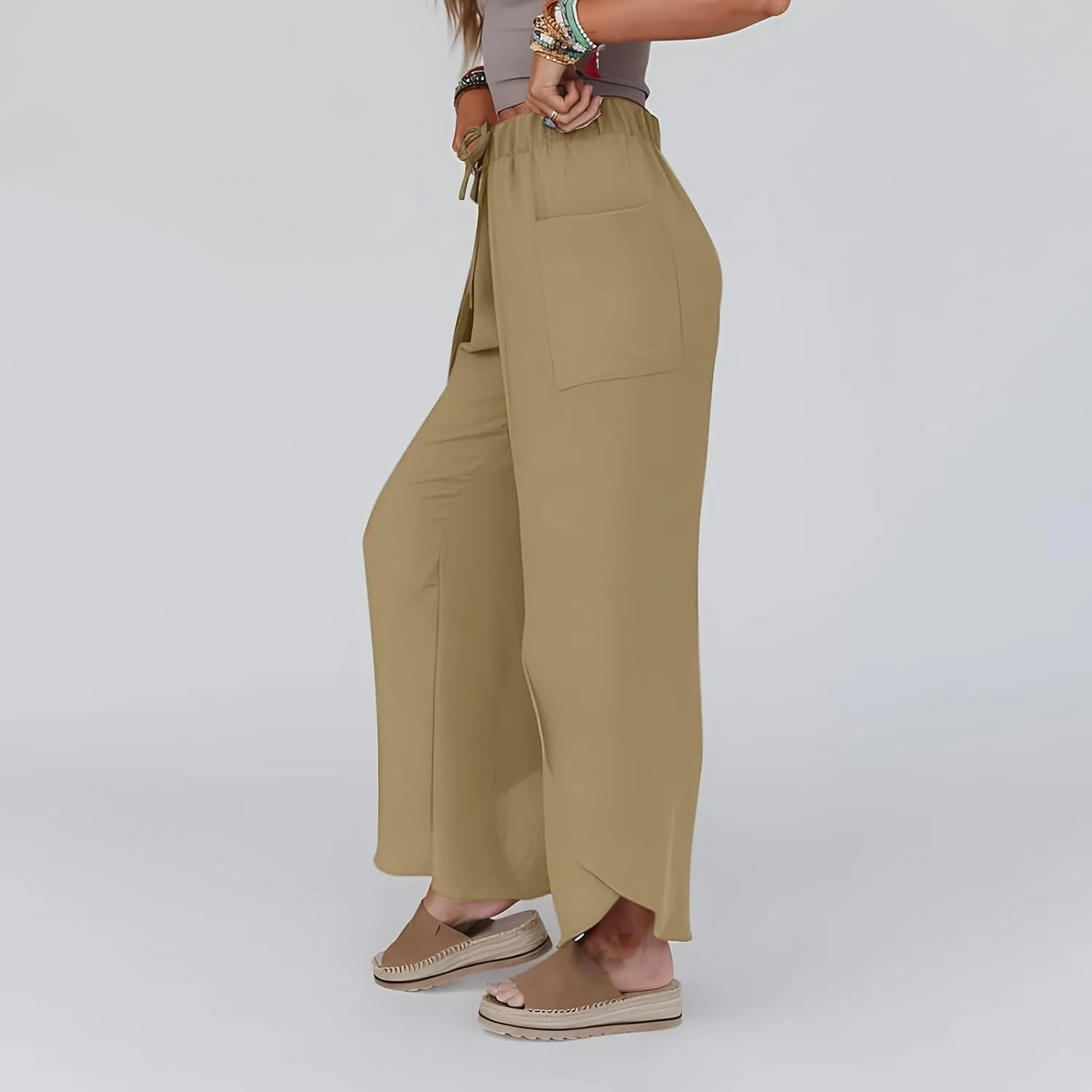 Flowy Linen Pants for Women Side Slit Wide Leg Yoga Pants with Pockets Drawstring High Waisted Pants Beach Pants 2024