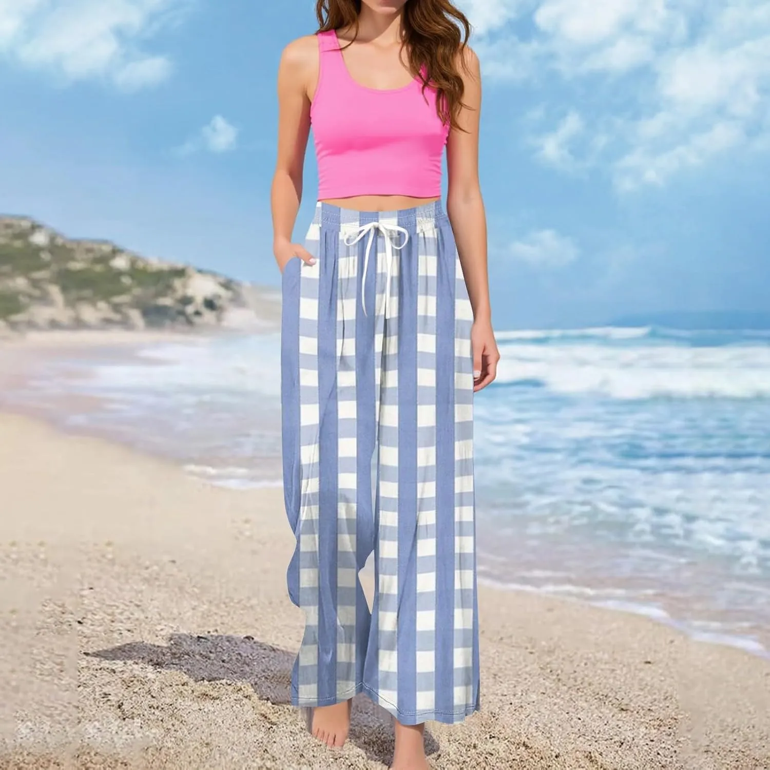 Flowy Pants for Women Casual Wide Leg Baggy Petite Vacation Outfits Yoga Dressy Beach Trousers