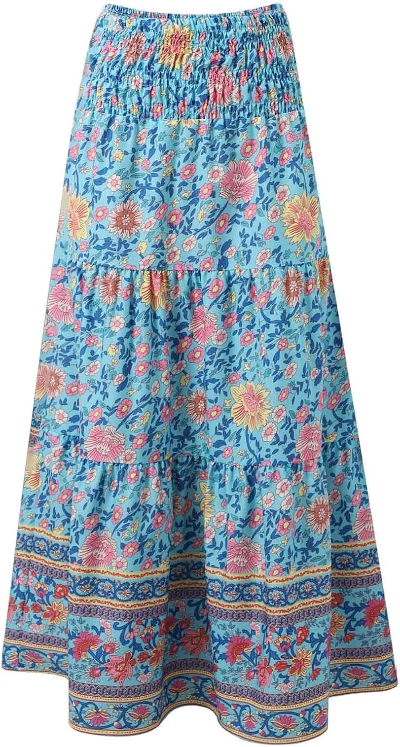 Flowy Skirts for Women Boho Summer Casual Floral Maxi Skirt Cute Tiered Vacation High Waisted A Line Long Skirts Trendy