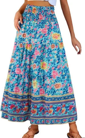 Flowy Skirts for Women Boho Summer Casual Floral Maxi Skirt Cute Tiered Vacation High Waisted A Line Long Skirts Trendy