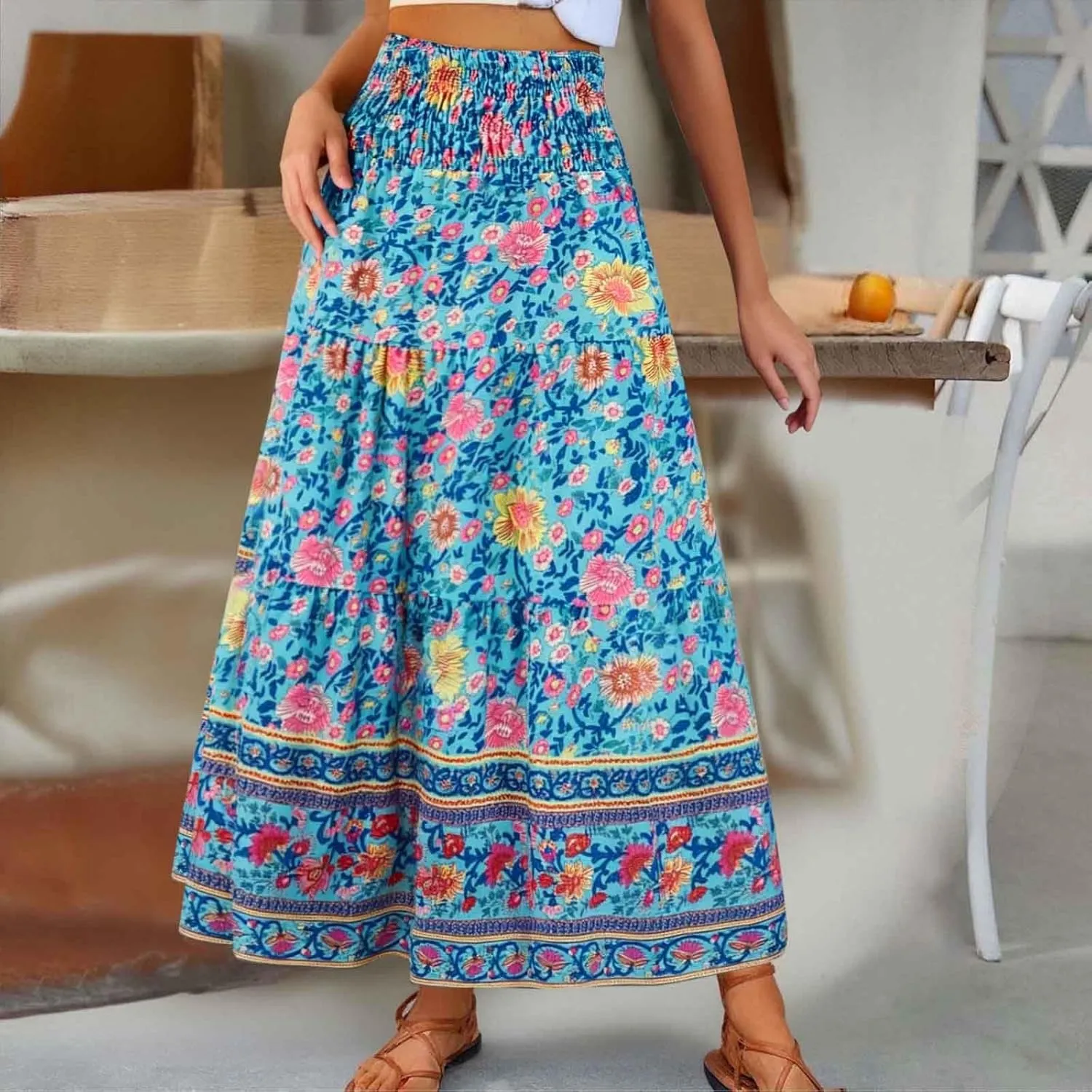 Flowy Skirts for Women Boho Summer Casual Floral Maxi Skirt Cute Tiered Vacation High Waisted A Line Long Skirts Trendy