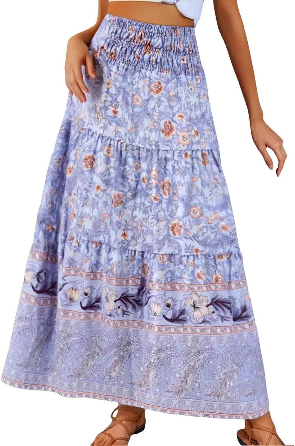 Flowy Skirts for Women Boho Summer Casual Floral Maxi Skirt Cute Tiered Vacation High Waisted A Line Long Skirts Trendy