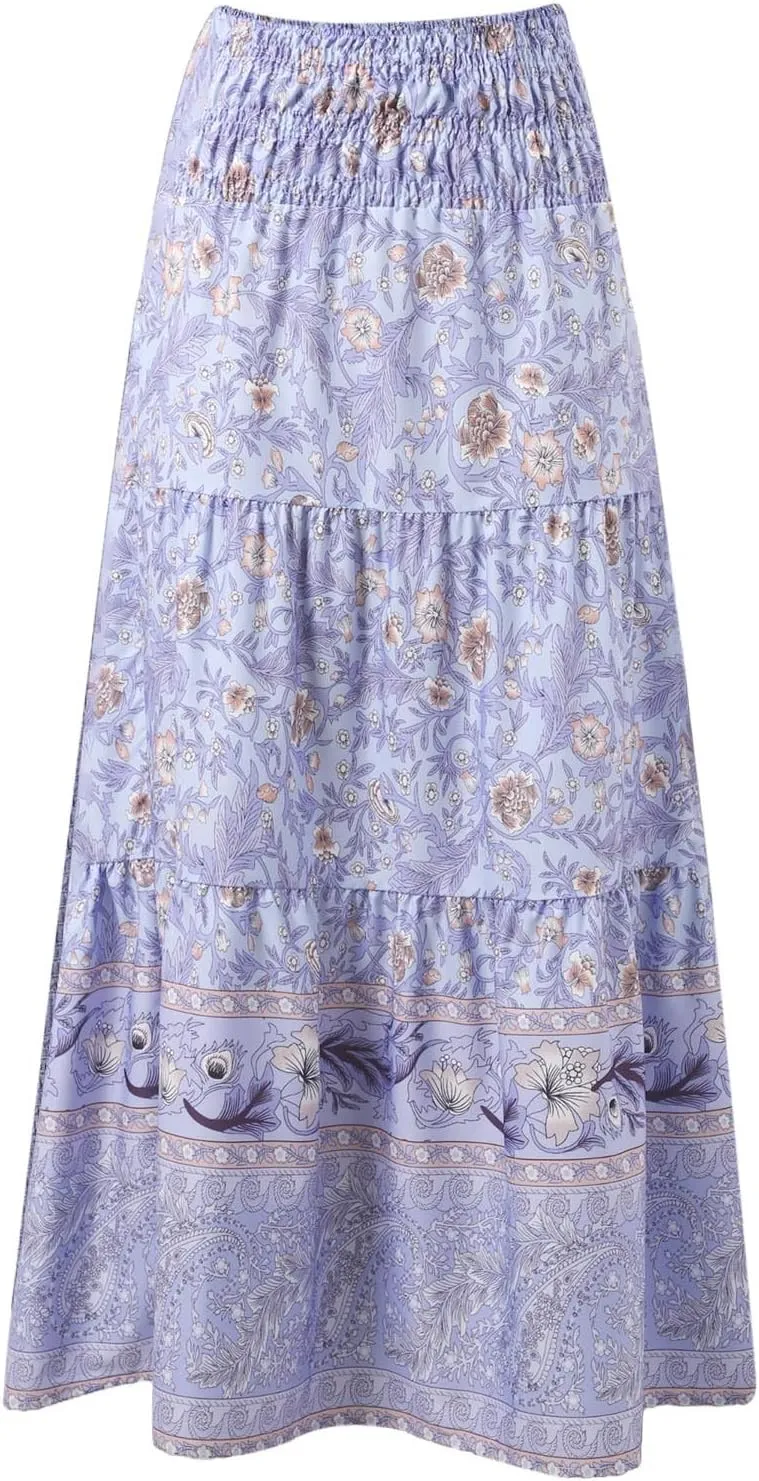 Flowy Skirts for Women Boho Summer Casual Floral Maxi Skirt Cute Tiered Vacation High Waisted A Line Long Skirts Trendy