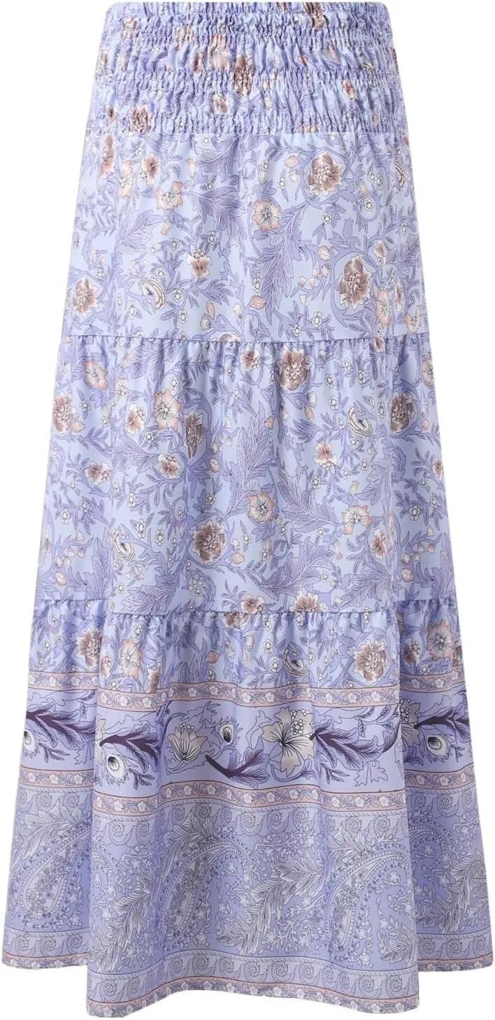 Flowy Skirts for Women Boho Summer Casual Floral Maxi Skirt Cute Tiered Vacation High Waisted A Line Long Skirts Trendy