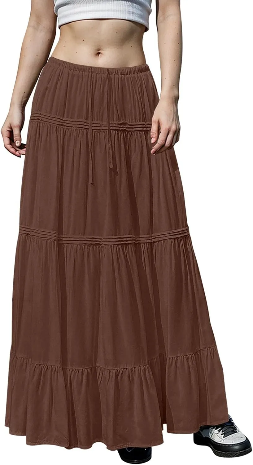 Flowy Tiered Maxi Skirts for Women Trendy Summer Boho Long Skirts Elastic Drawstring Waist Pleated Swing A Line Skirt