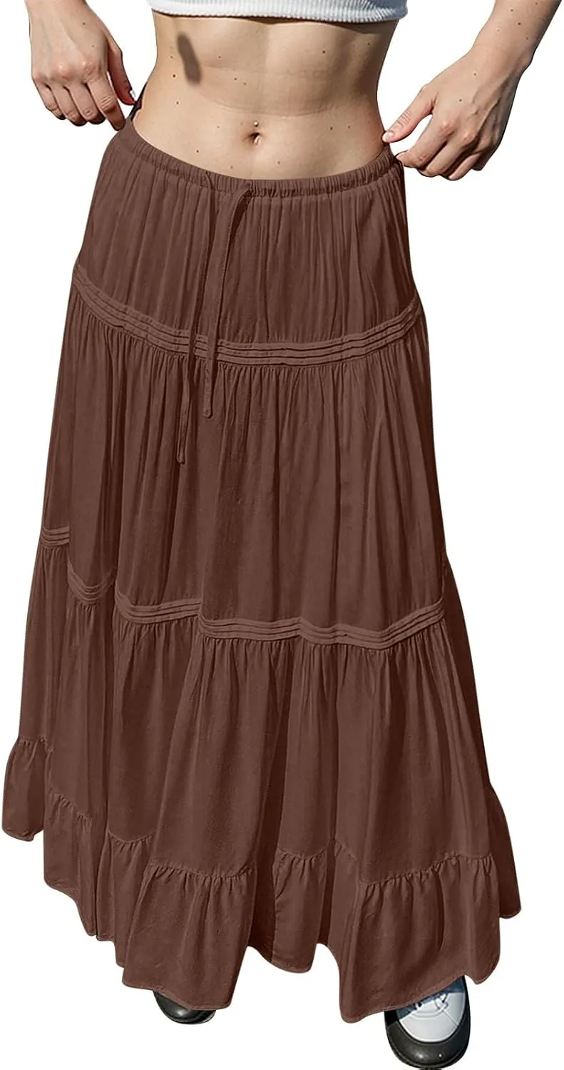 Flowy Tiered Maxi Skirts for Women Trendy Summer Boho Long Skirts Elastic Drawstring Waist Pleated Swing A Line Skirt