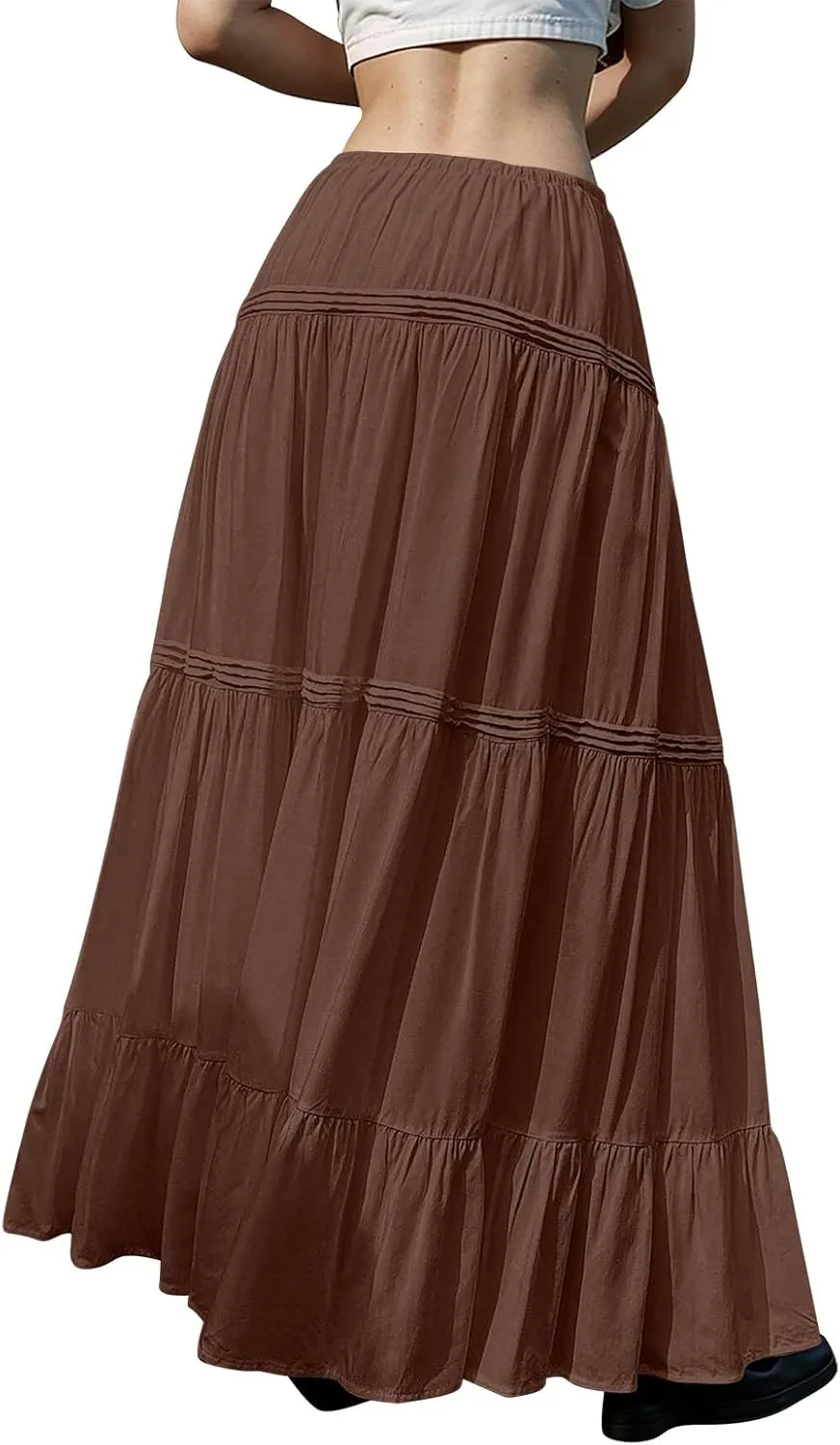 Flowy Tiered Maxi Skirts for Women Trendy Summer Boho Long Skirts Elastic Drawstring Waist Pleated Swing A Line Skirt