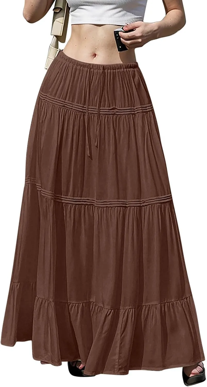 Flowy Tiered Maxi Skirts for Women Trendy Summer Boho Long Skirts Elastic Drawstring Waist Pleated Swing A Line Skirt