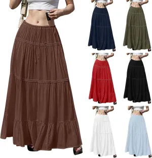Flowy Tiered Maxi Skirts for Women Trendy Summer Boho Long Skirts Elastic Drawstring Waist Pleated Swing A Line Skirt