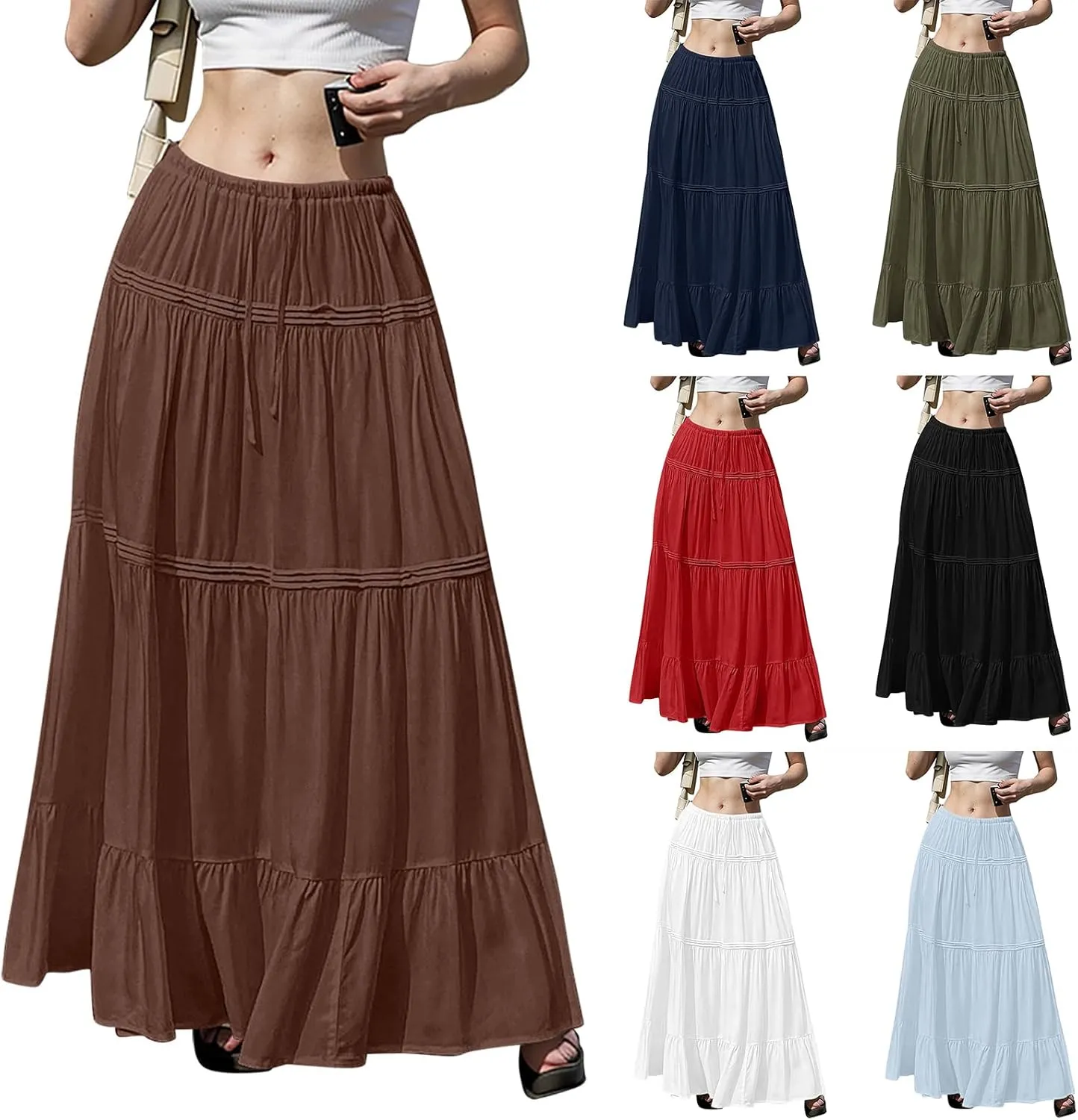Flowy Tiered Maxi Skirts for Women Trendy Summer Boho Long Skirts Elastic Drawstring Waist Pleated Swing A Line Skirt