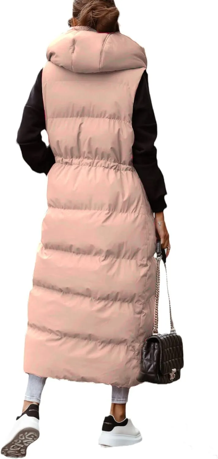 Flygo Womens Long Puffer Maxi Length Vest Quilted Padded Vests Sleeveless Hooded Insulated Down Jackets Outerwear