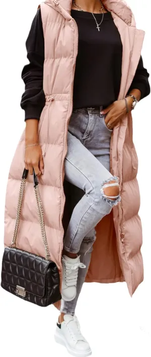 Flygo Womens Long Puffer Maxi Length Vest Quilted Padded Vests Sleeveless Hooded Insulated Down Jackets Outerwear