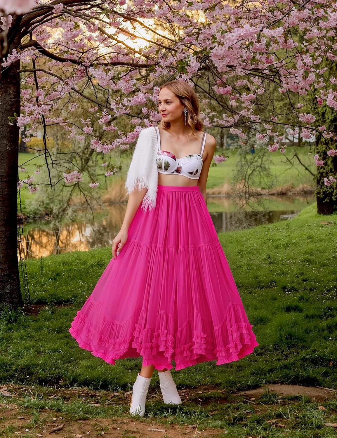 Flygo Women's Maxi Tulle Skirt Long Tiered A Line Mesh Tutu Fairy High Elastic Waist Pleated Layered Skirts