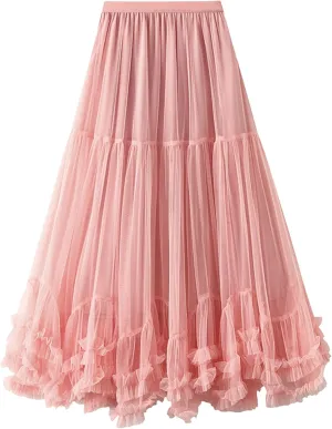 Flygo Women's Maxi Tulle Skirt Long Tiered A Line Mesh Tutu Fairy High Elastic Waist Pleated Layered Skirts