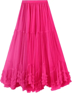 Flygo Women's Maxi Tulle Skirt Long Tiered A Line Mesh Tutu Fairy High Elastic Waist Pleated Layered Skirts