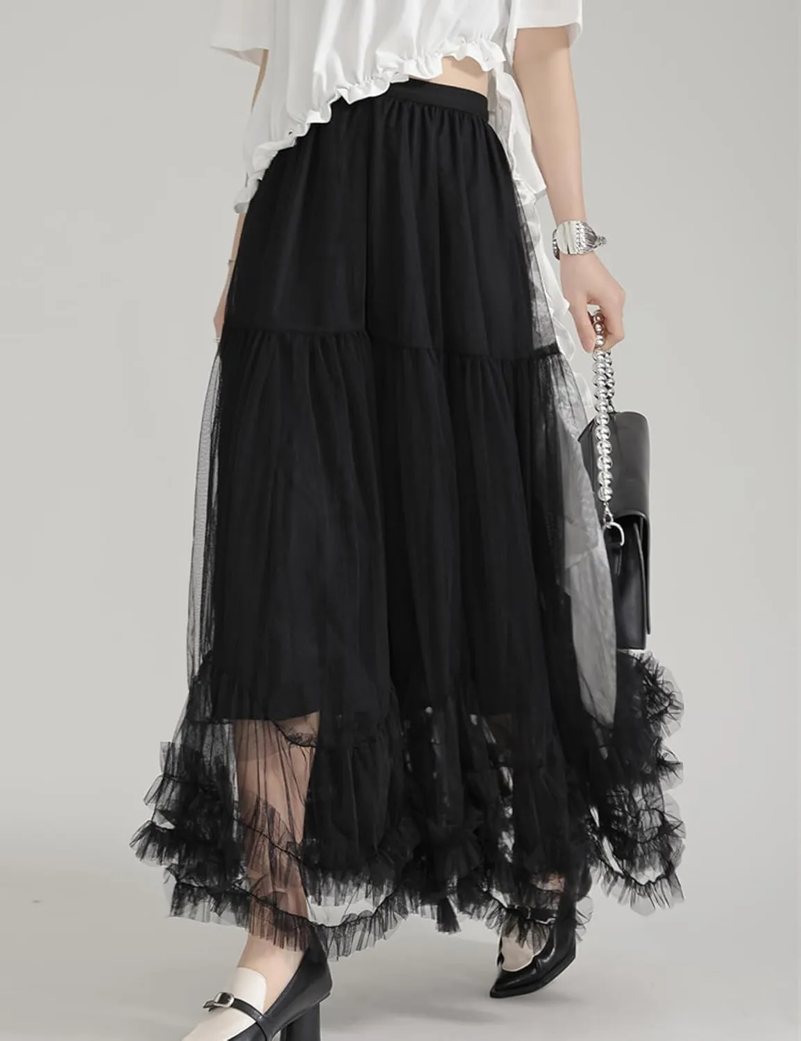 Flygo Women's Maxi Tulle Skirt Long Tiered A Line Mesh Tutu Fairy High Elastic Waist Pleated Layered Skirts