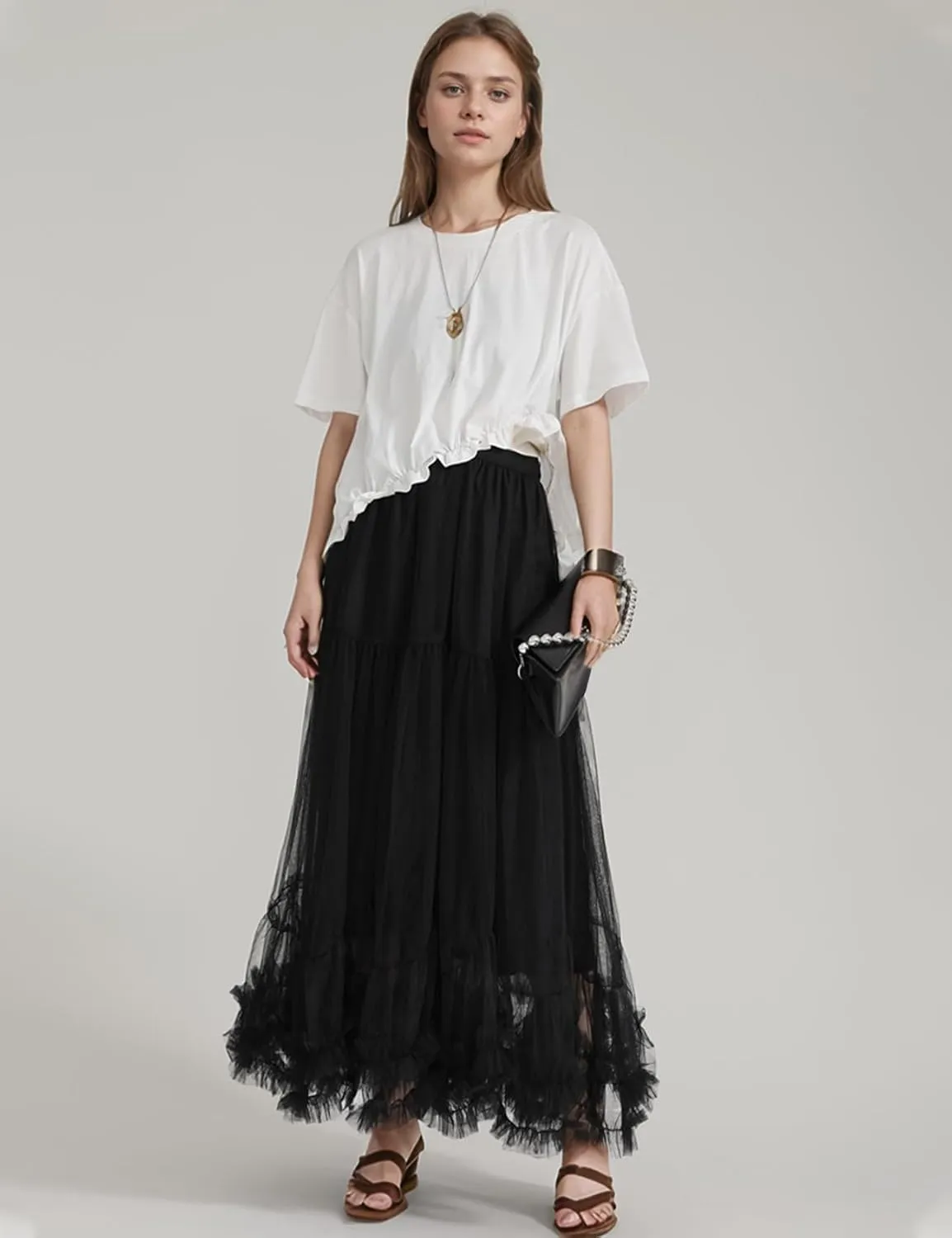 Flygo Women's Maxi Tulle Skirt Long Tiered A Line Mesh Tutu Fairy High Elastic Waist Pleated Layered Skirts