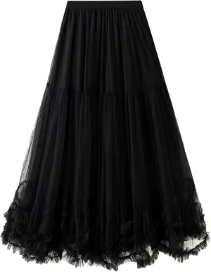Flygo Women's Maxi Tulle Skirt Long Tiered A Line Mesh Tutu Fairy High Elastic Waist Pleated Layered Skirts