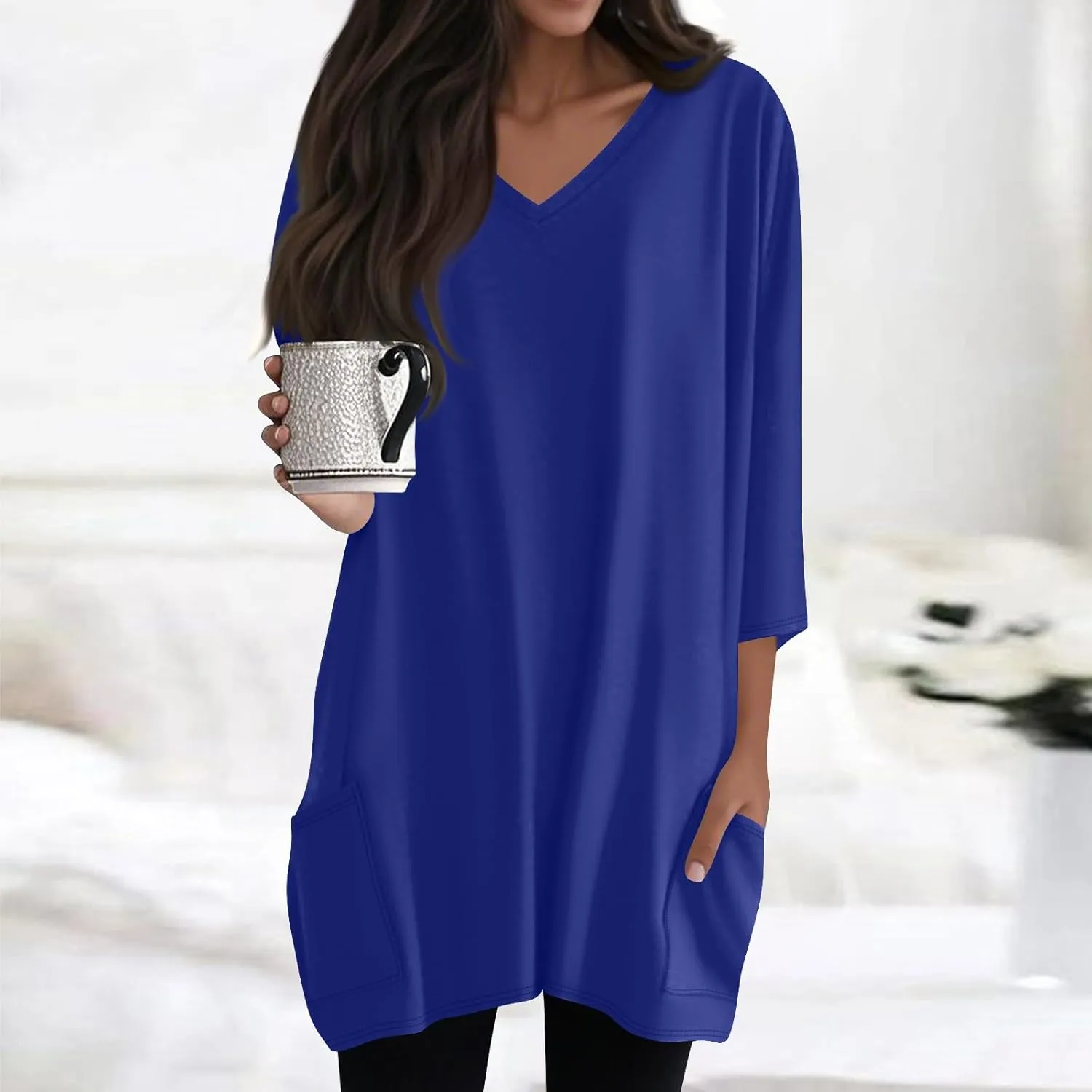 FQZWONG Oversized Tshirts for Women 2025 Summer 3/4 Sleeve Tunic Tops Casual V Neck T Shirts Ladies Blouses with Pockets