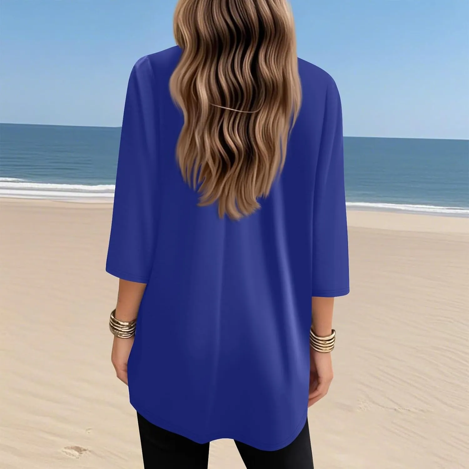 FQZWONG Oversized Tshirts for Women 2025 Summer 3/4 Sleeve Tunic Tops Casual V Neck T Shirts Ladies Blouses with Pockets