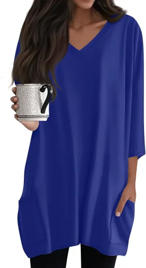 FQZWONG Oversized Tshirts for Women 2025 Summer 3/4 Sleeve Tunic Tops Casual V Neck T Shirts Ladies Blouses with Pockets