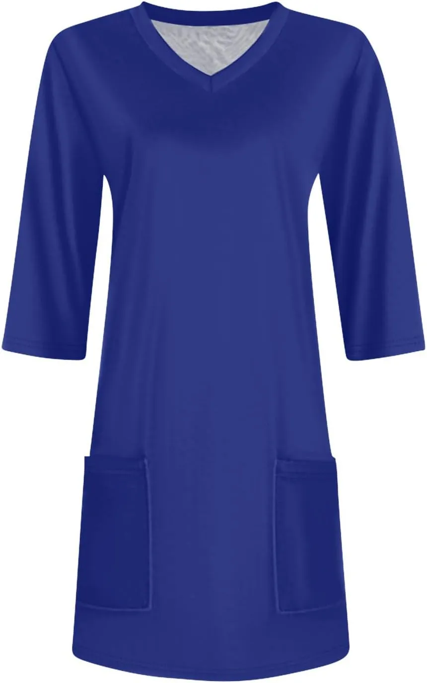 FQZWONG Oversized Tshirts for Women 2025 Summer 3/4 Sleeve Tunic Tops Casual V Neck T Shirts Ladies Blouses with Pockets