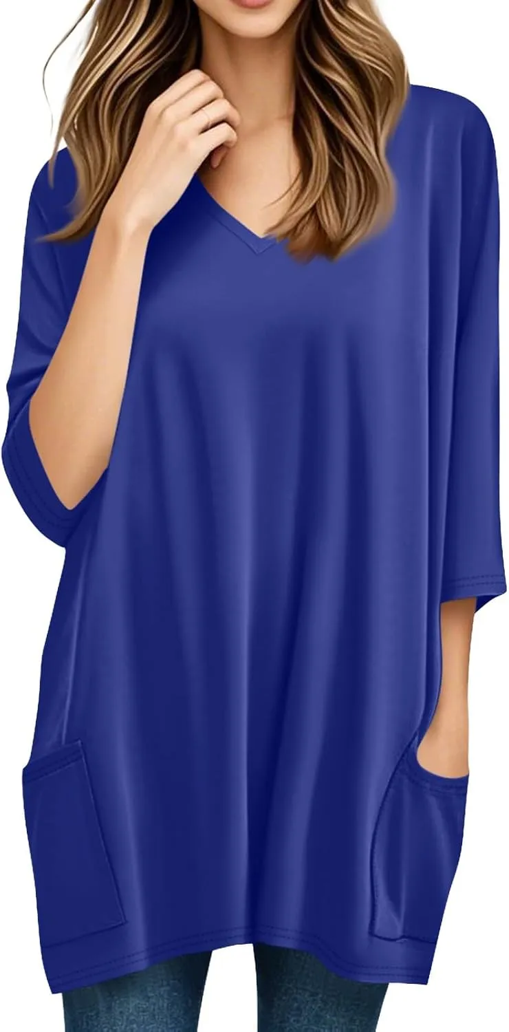 FQZWONG Oversized Tshirts for Women 2025 Summer 3/4 Sleeve Tunic Tops Casual V Neck T Shirts Ladies Blouses with Pockets
