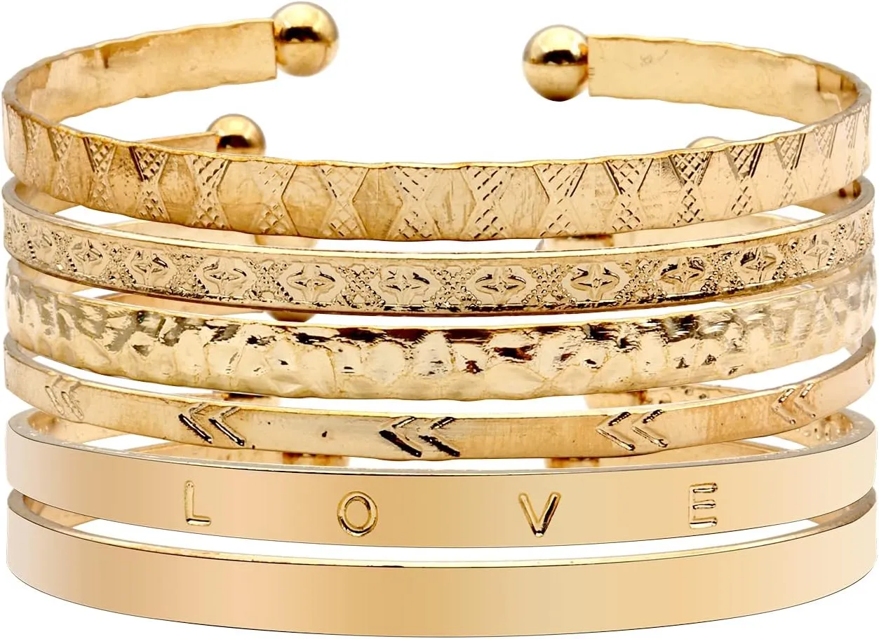 FUTIMELY Stackable Gold Cuff Bracelets Bangle for Woemn,Boho Retro Grace Temperament Wide Face Bracelet Sets,Totem Embossing Love Charm Bracelet
