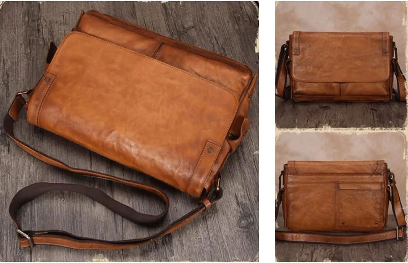 Genuine Leather Laptop Bags Mens Business Briefcases Messenger Shoulder Bags Crossbody Bags 14.2Inch