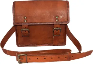 Genuine Leather Messenger Bag, Unisex Vintage Crossbody Bag with Spacious Compartments, Adjustable Straps, Antique Brass Accessories, 9-inch Mini