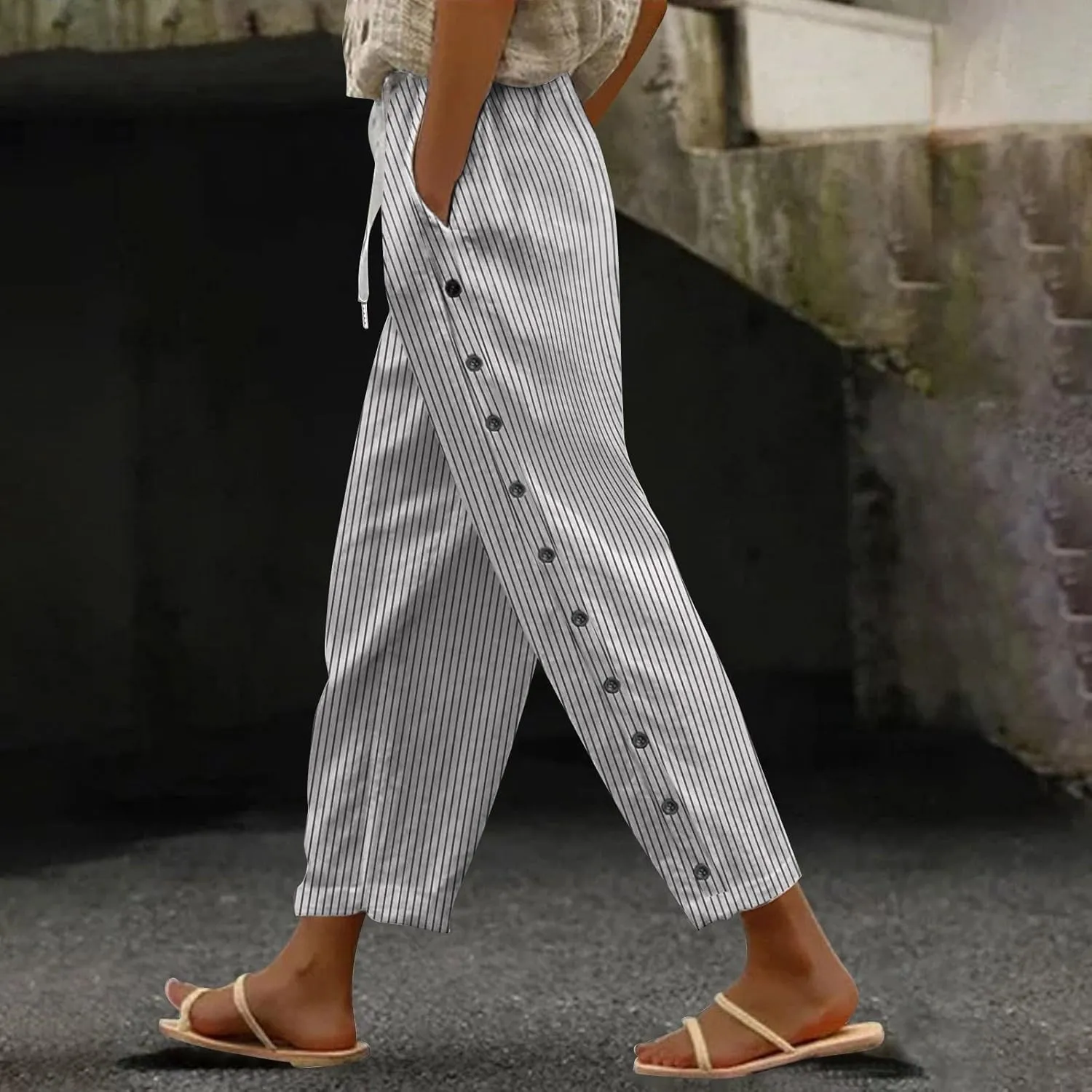GOKKILRW Women's Linen Beach Pants Trendy Buttons Straight Leg Capris Pants Elastic Waist Boho Trousers Hippie Summer Outfits