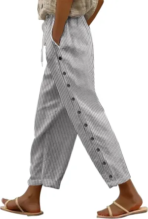 GOKKILRW Women's Linen Beach Pants Trendy Buttons Straight Leg Capris Pants Elastic Waist Boho Trousers Hippie Summer Outfits