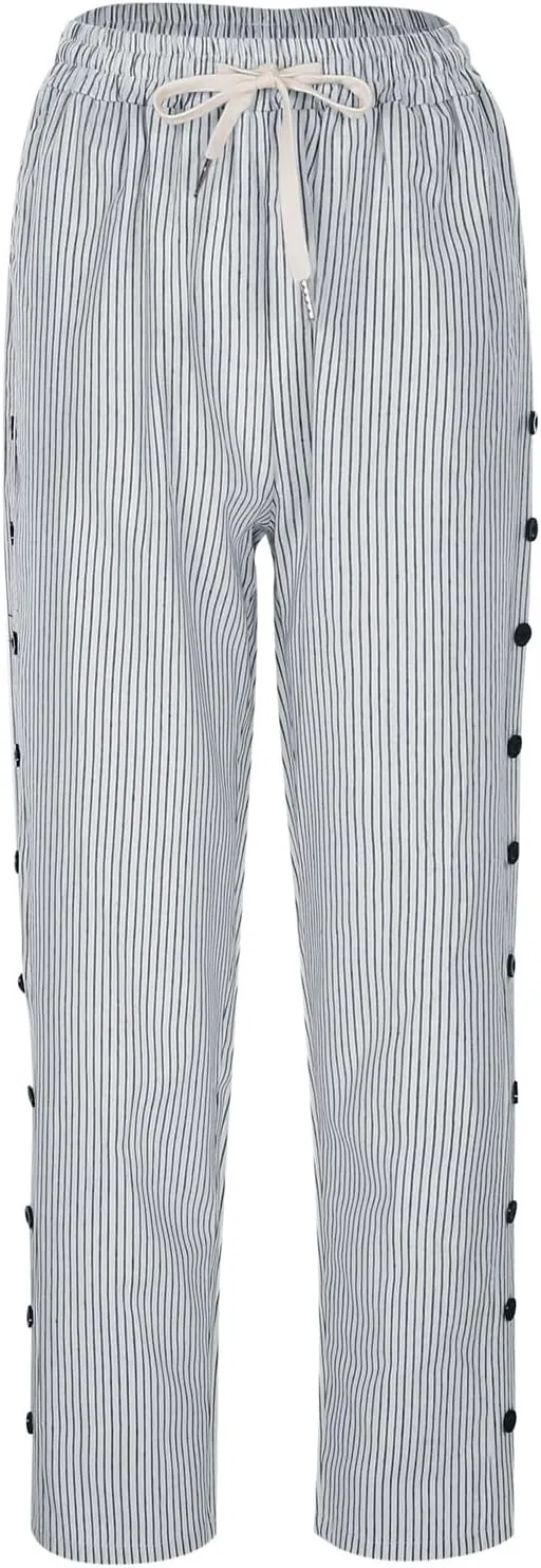 GOKKILRW Women's Linen Beach Pants Trendy Buttons Straight Leg Capris Pants Elastic Waist Boho Trousers Hippie Summer Outfits