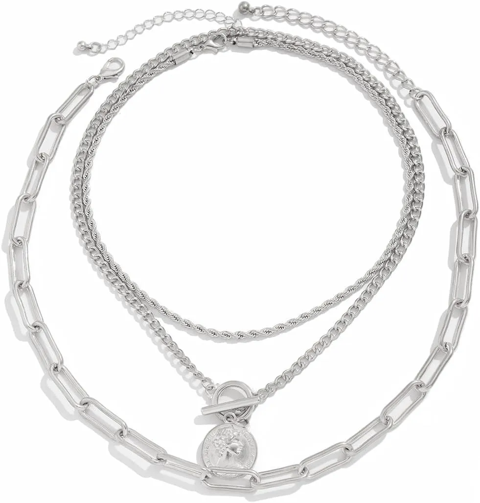 Gold Layered Necklaces for Women Chunky Silver Necklace Coin Paperclip Stacked Necklace Trendy Statement Jewelry