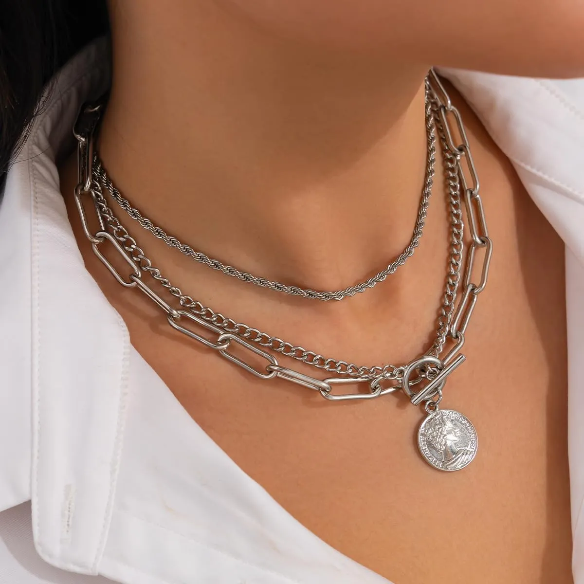 Gold Layered Necklaces for Women Chunky Silver Necklace Coin Paperclip Stacked Necklace Trendy Statement Jewelry