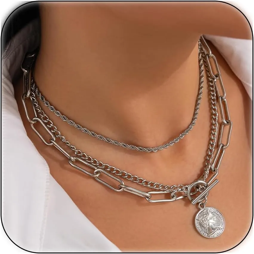 Gold Layered Necklaces for Women Chunky Silver Necklace Coin Paperclip Stacked Necklace Trendy Statement Jewelry