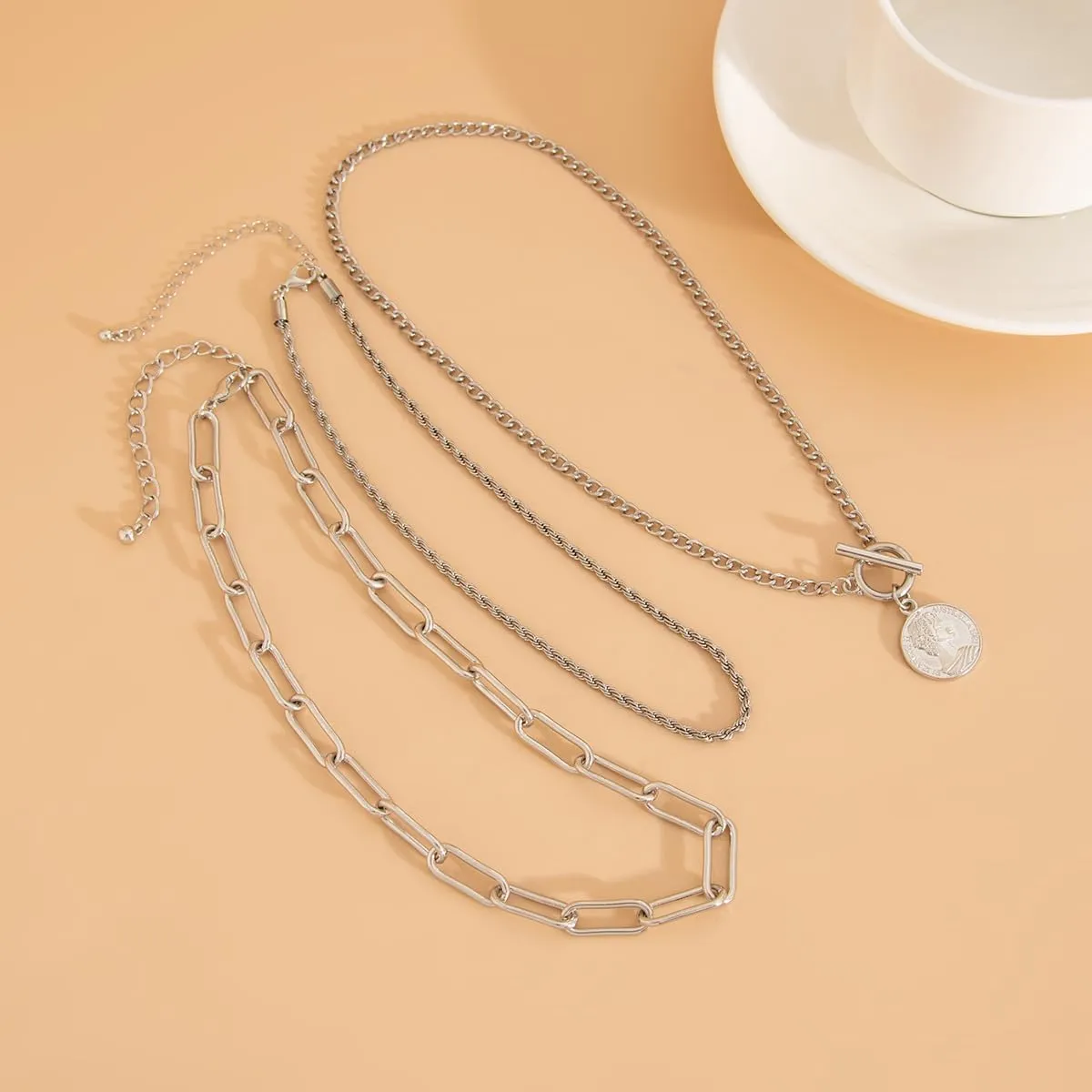 Gold Layered Necklaces for Women Chunky Silver Necklace Coin Paperclip Stacked Necklace Trendy Statement Jewelry